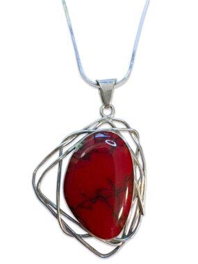Mexican Red Jasper Sterling Silver Wire Pendant Italian 925 FAS Chain Necklace